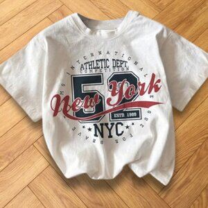 White Y2K New York NYC Varsity Graphic Tee Athletic Streetwear Shirt